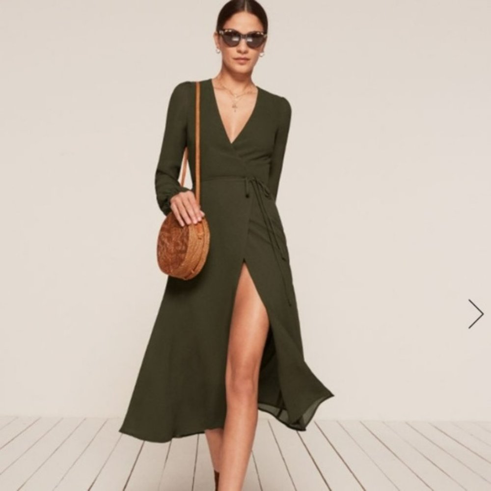 Reformation Nicole Dress in Olive Green (Size M)